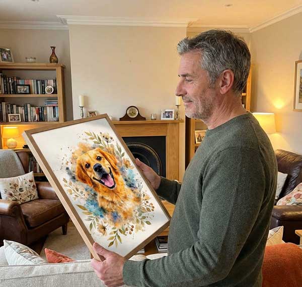 man holding custom pet portrait